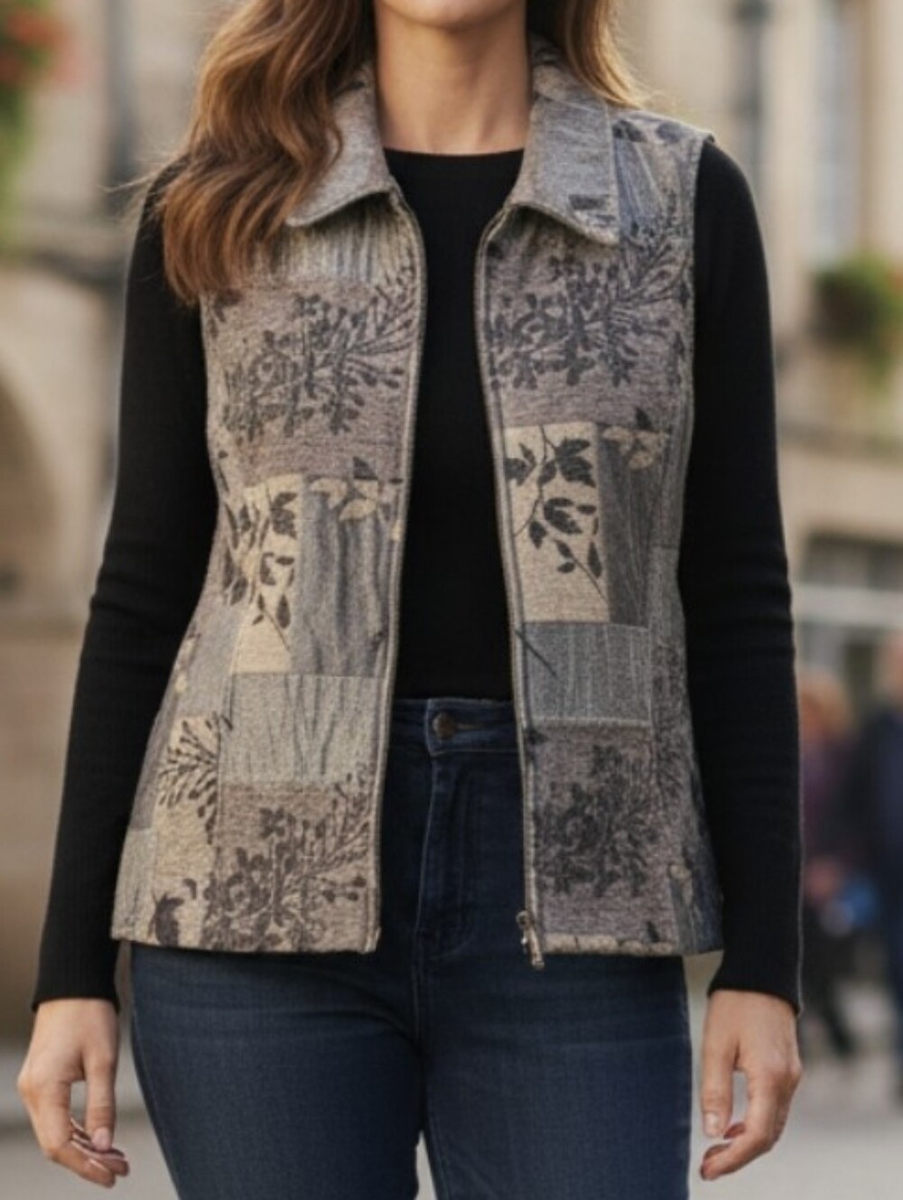 Vintage Coldwater Creek Womens L Patchwork Floral Zip Vest Boho Layering